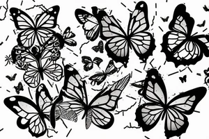 Broken clock with shattered glass fading into butterflies tattoo idea