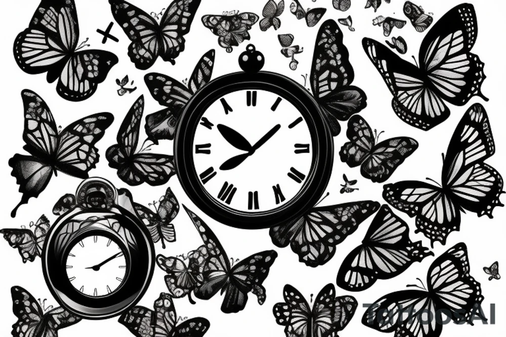 Half Broken clock with shattered glass fading into butterflies tattoo idea