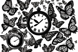 Half Broken clock with shattered glass fading into butterflies tattoo idea