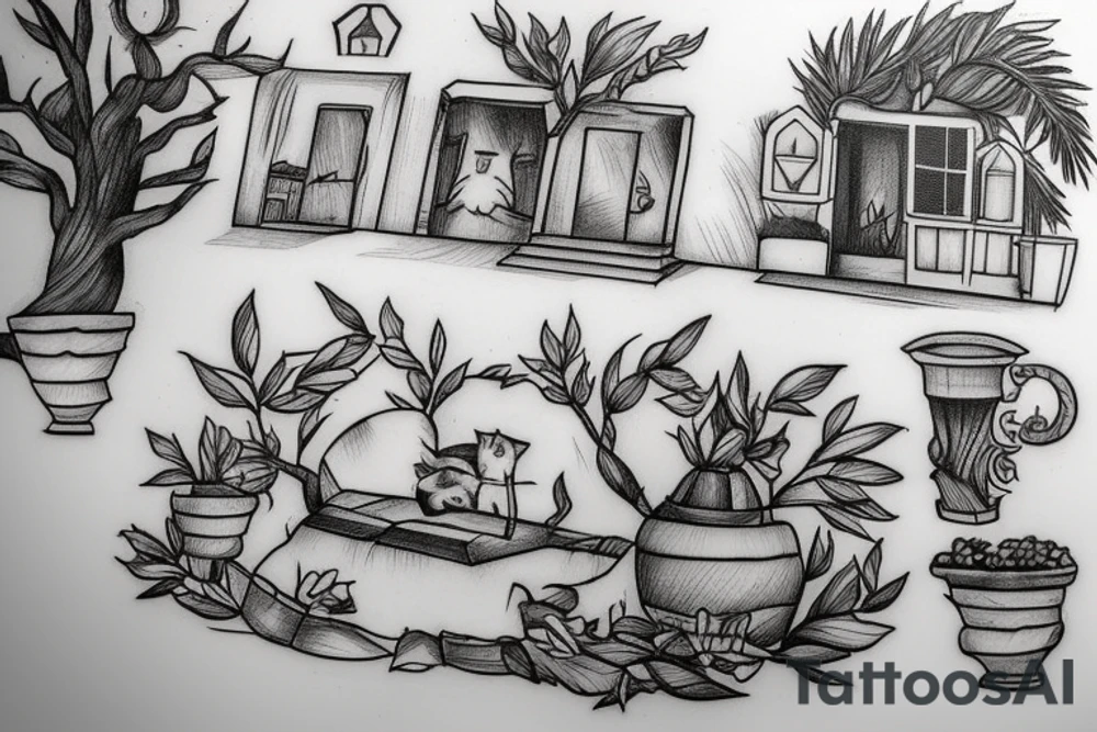a scene depicting a traditional greek house with a cat sitting outside, and olive trees nearby tattoo idea