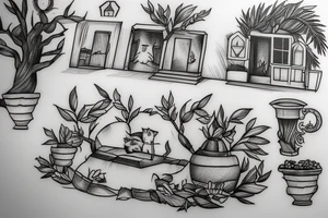 a scene depicting a traditional greek house with a cat sitting outside, and olive trees nearby tattoo idea