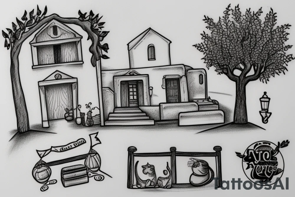 a scene depicting a traditional greek house with a cat sitting outside, and olive trees nearby tattoo idea