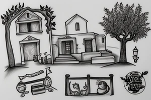 a scene depicting a traditional greek house with a cat sitting outside, and olive trees nearby tattoo idea