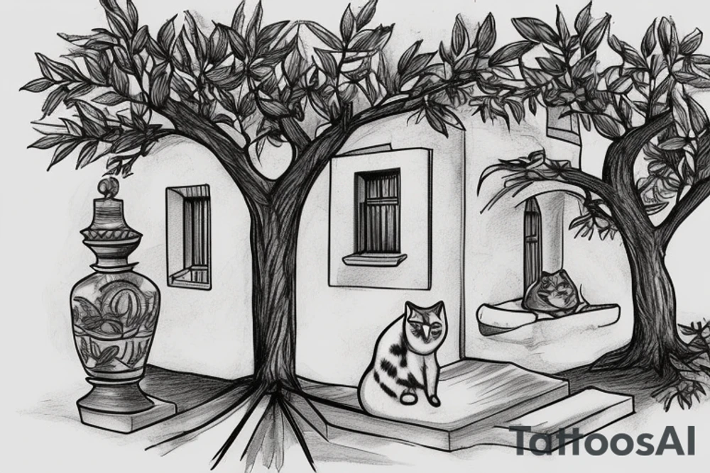 a scene depicting a traditional greek house with a cat sitting outside, and olive trees nearby tattoo idea
