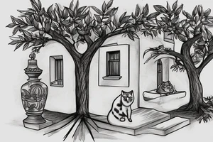 a scene depicting a traditional greek house with a cat sitting outside, and olive trees nearby tattoo idea