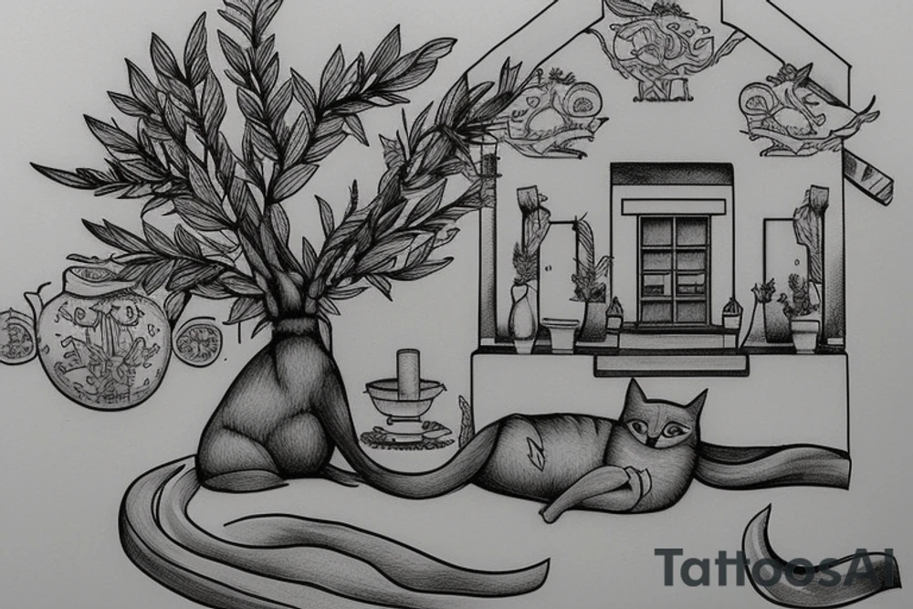 a scene depicting a traditional greek house with a cat sitting outside, and olive trees nearby tattoo idea