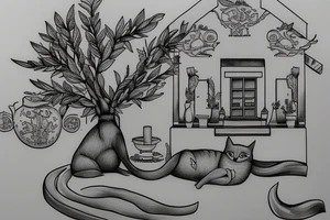 a scene depicting a traditional greek house with a cat sitting outside, and olive trees nearby tattoo idea
