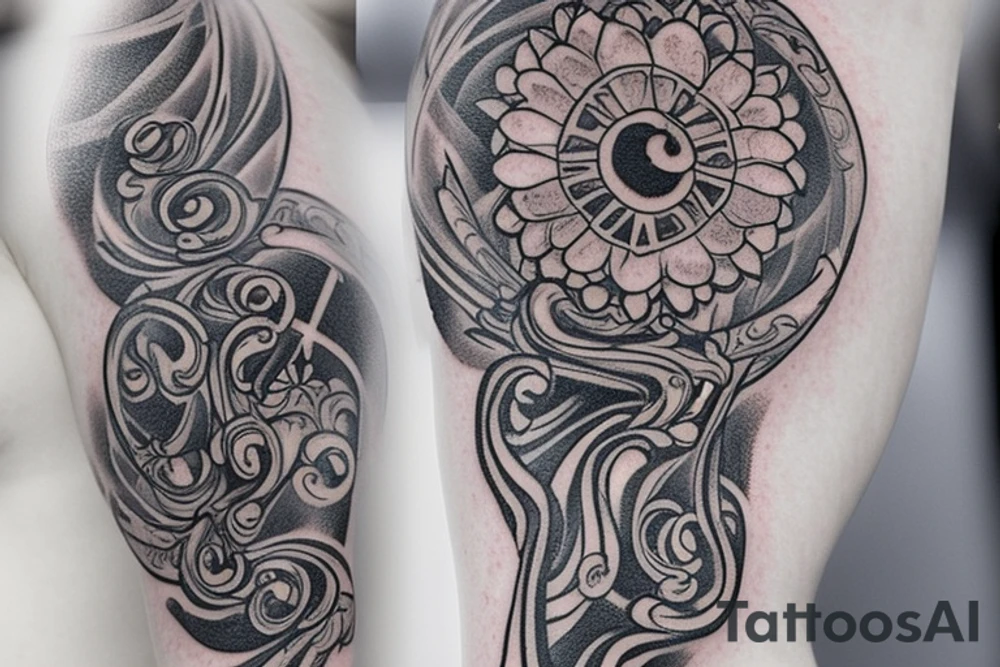 листья плюща, рыбки плывущие в разные стороны, стрекоза, мотылек tattoo idea