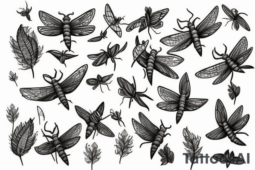 ivy leaves, fish swimming in different directions, dragonfly, moth tattoo idea