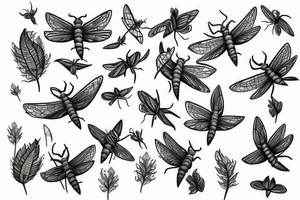 ivy leaves, fish swimming in different directions, dragonfly, moth tattoo idea