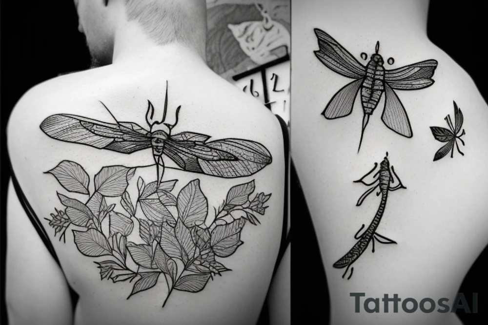 ivy leaves, fish swimming in different directions, dragonfly, moth tattoo idea