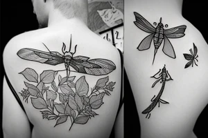 ivy leaves, fish swimming in different directions, dragonfly, moth tattoo idea
