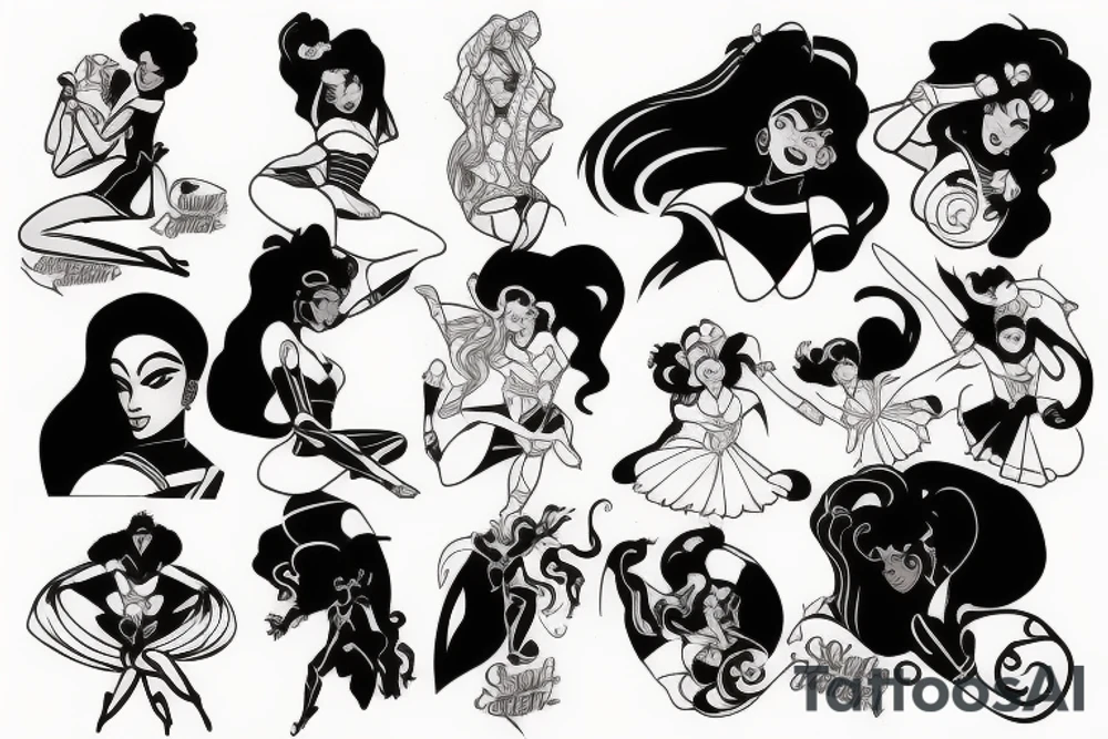 Black female superhero in mid transformation like Sailor Moon tattoo idea