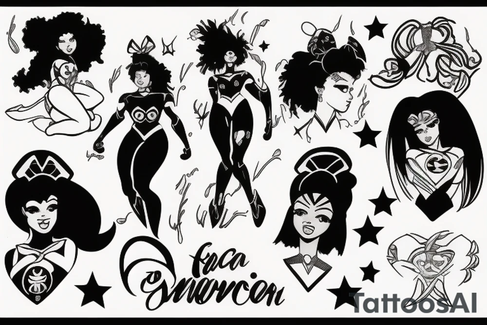 Black female superhero in mid transformation like Sailor Moon tattoo idea