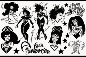 Black female superhero in mid transformation like Sailor Moon tattoo idea