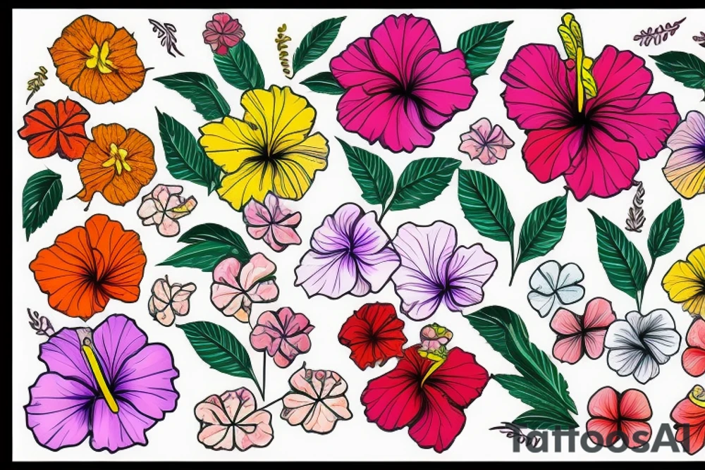 A psychedelic looking colorful hibiscus flower tattoo idea