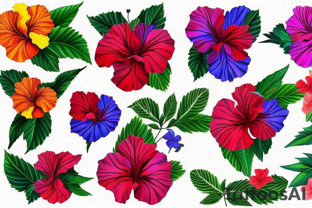 A psychedelic looking colorful hibiscus flower tattoo idea