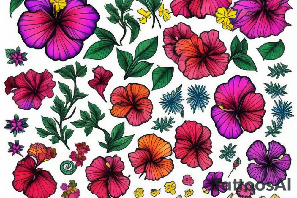 A trippy looking colorful hibiscus flower tattoo idea