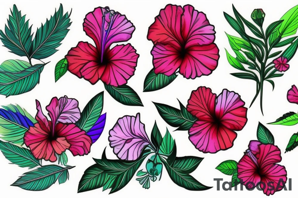 A trippy looking colorful hibiscus flower tattoo idea