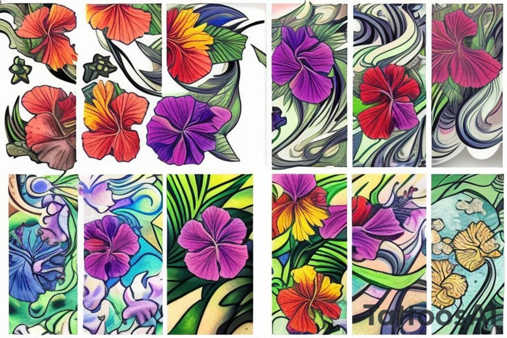 A trippy looking colorful hibiscus flower tattoo idea