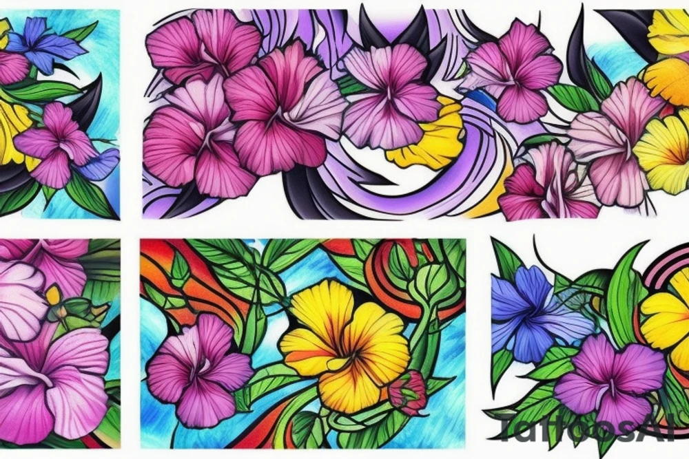 A trippy looking colorful hibiscus flower tattoo idea