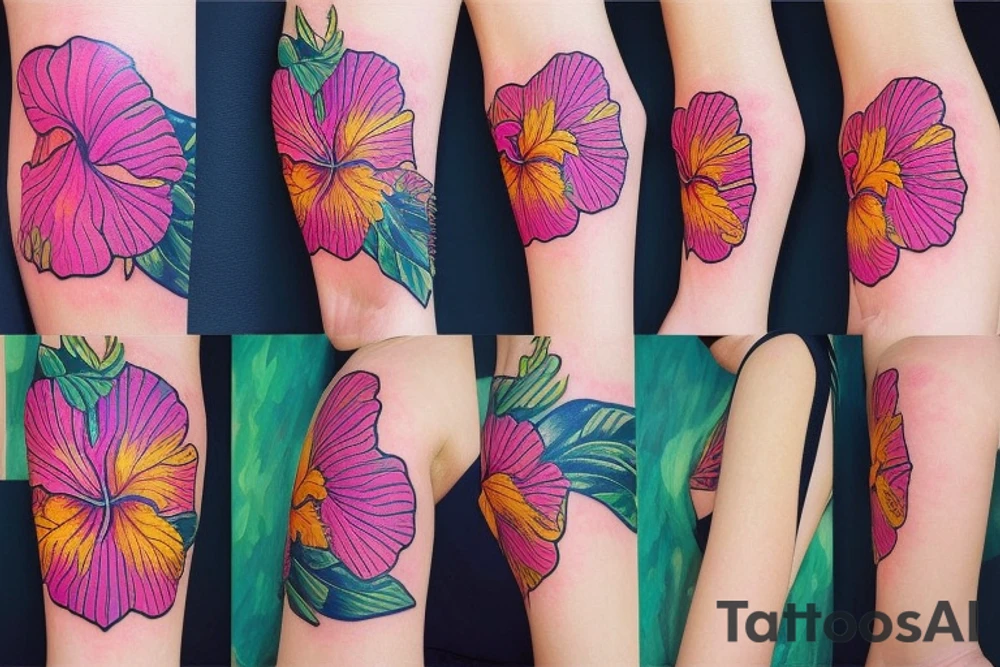 A trippy looking colorful hibiscus flower tattoo idea