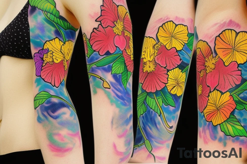 A trippy looking colorful hibiscus flower tattoo idea
