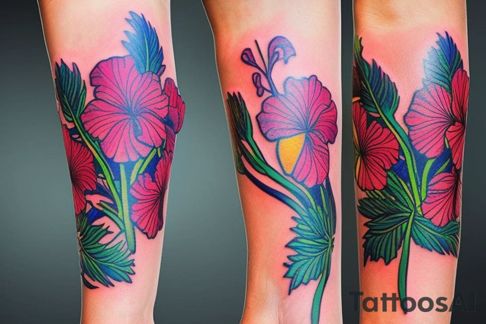 A trippy looking colorful hibiscus flower tattoo idea