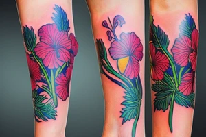 A trippy looking colorful hibiscus flower tattoo idea