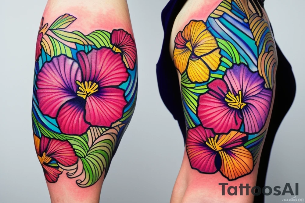 A trippy looking colorful hibiscus flower tattoo idea