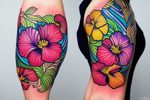 A trippy looking colorful hibiscus flower tattoo idea