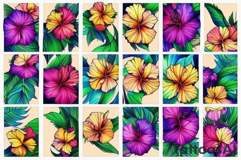 A trippy looking colorful hibiscus flower tattoo idea