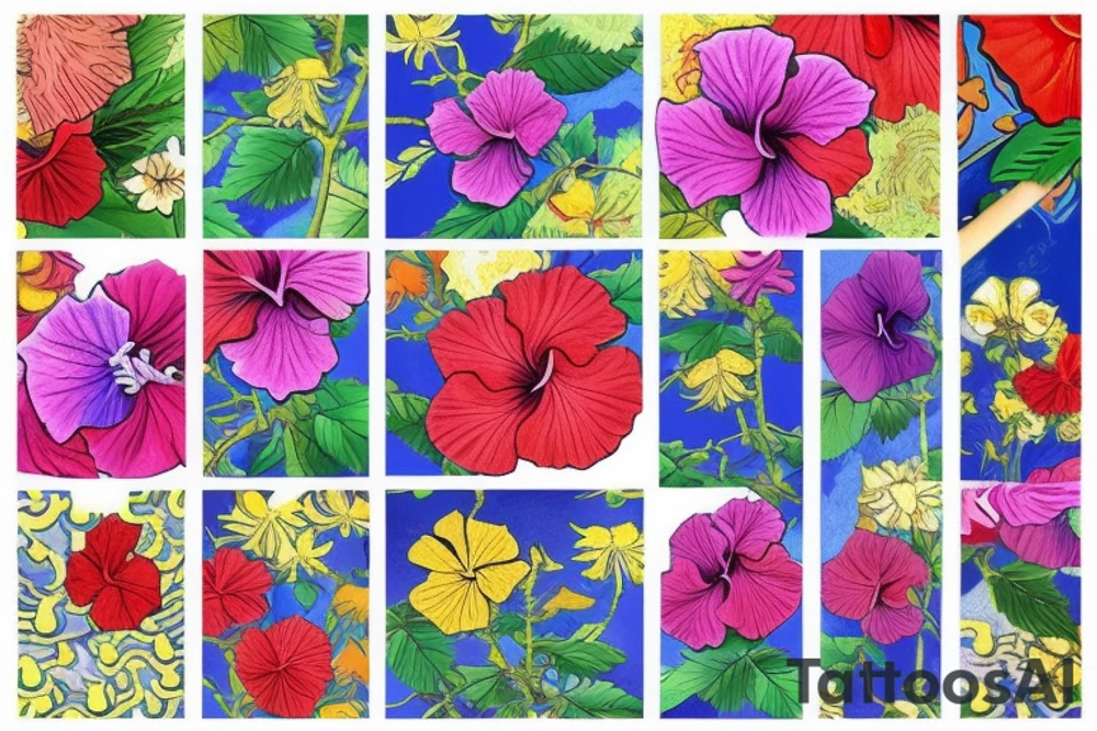 A trippy looking colorful hibiscus flower tattoo idea