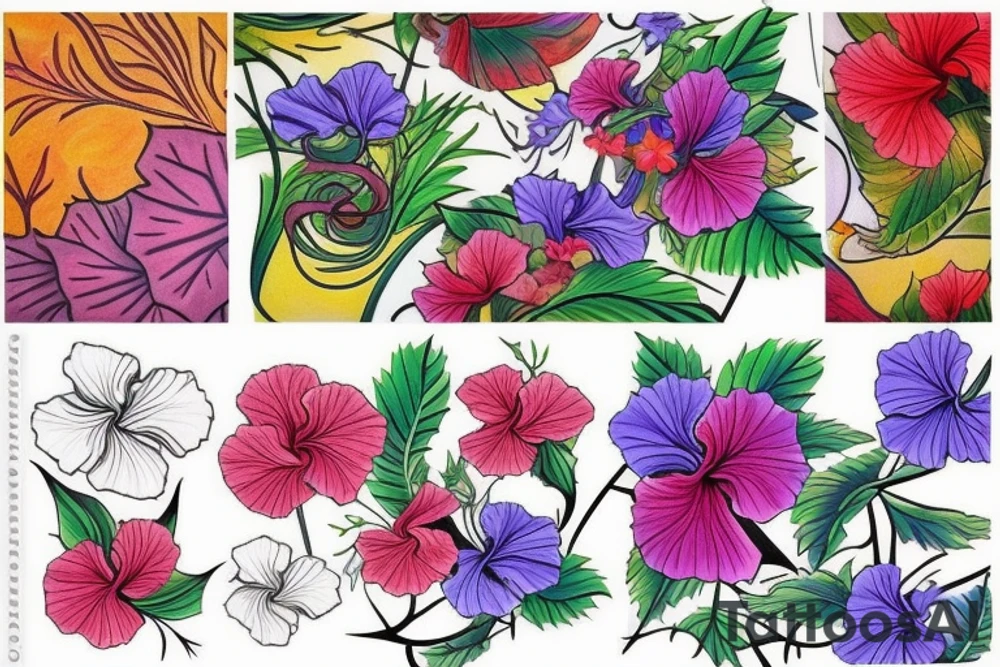 A trippy looking colorful hibiscus flower tattoo idea