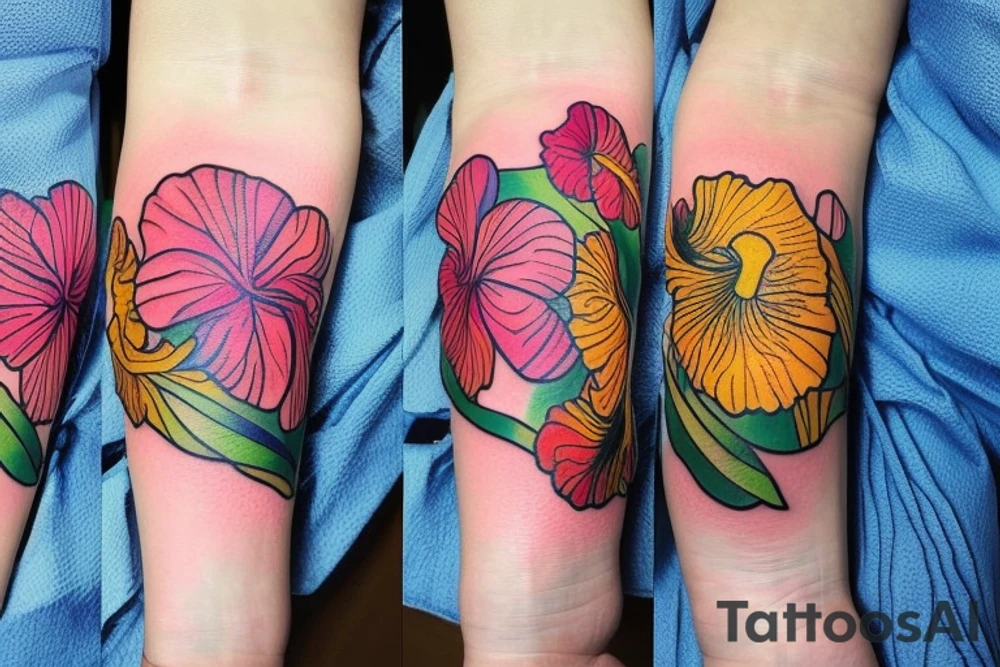 A trippy looking colorful hibiscus flower tattoo idea