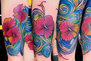 A trippy looking colorful hibiscus flower tattoo idea