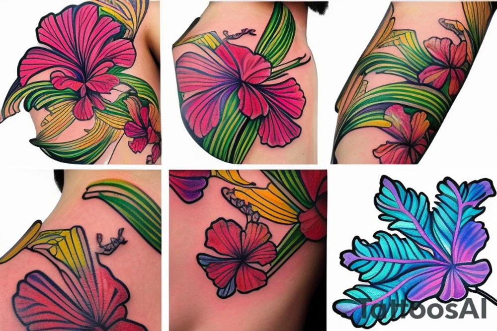A trippy looking colorful hibiscus flower tattoo idea