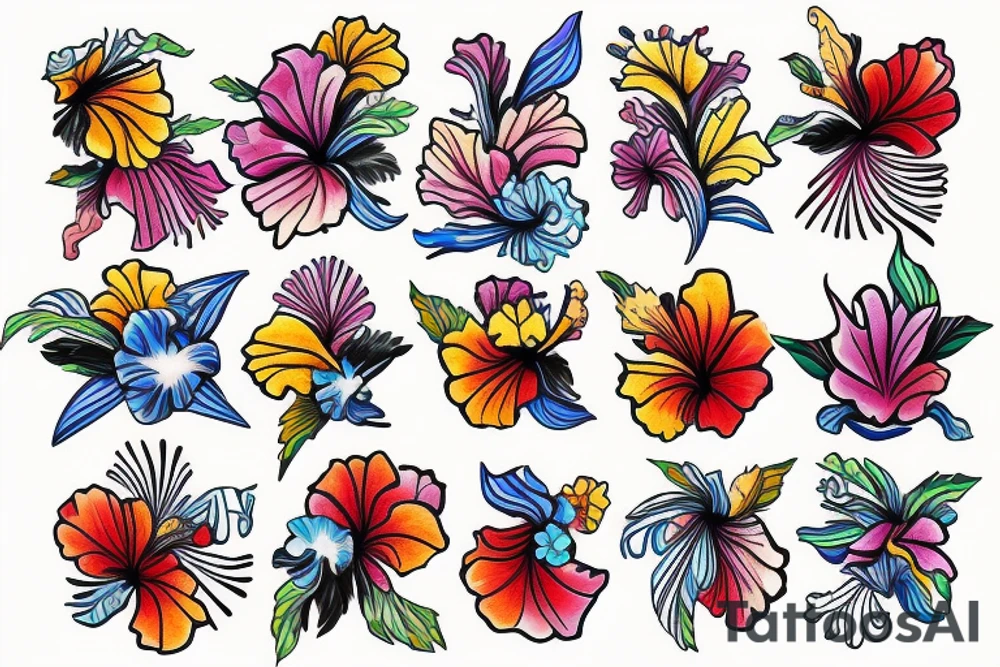 A trippy looking colorful hibiscus flower tattoo idea