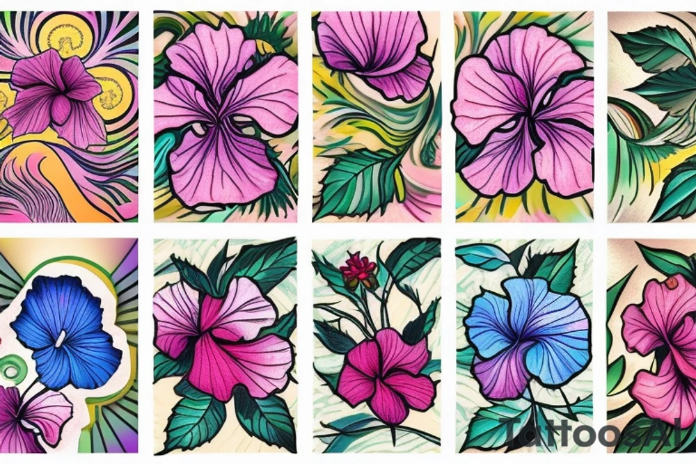 A trippy looking colorful hibiscus flower tattoo idea