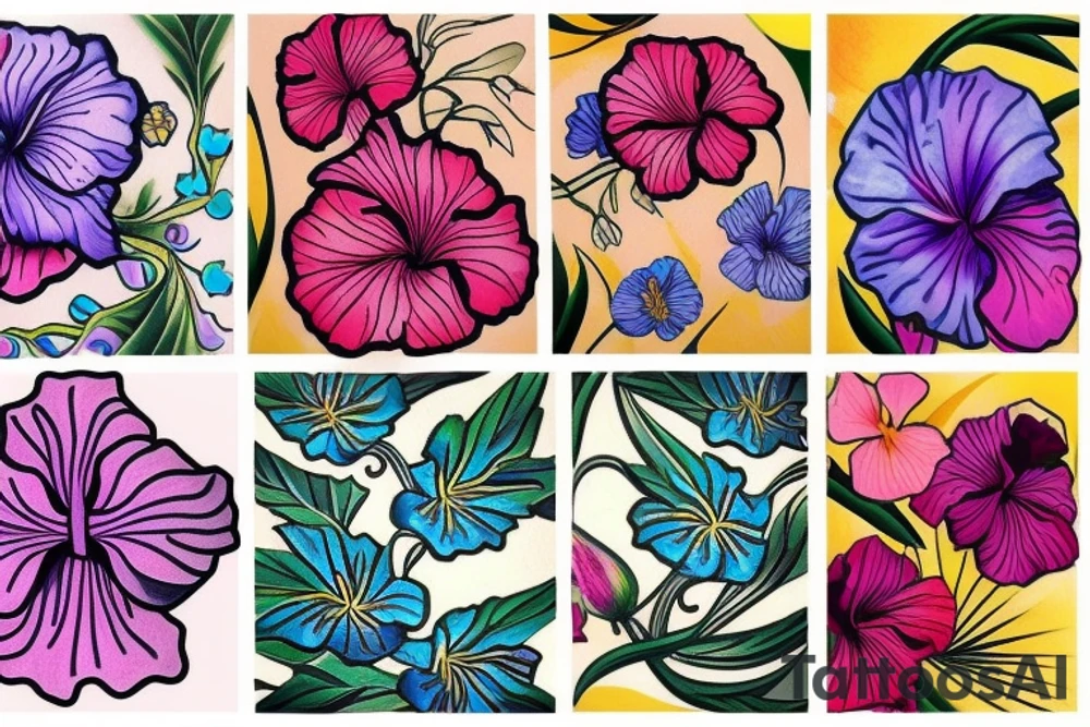A trippy looking colorful hibiscus flower tattoo idea