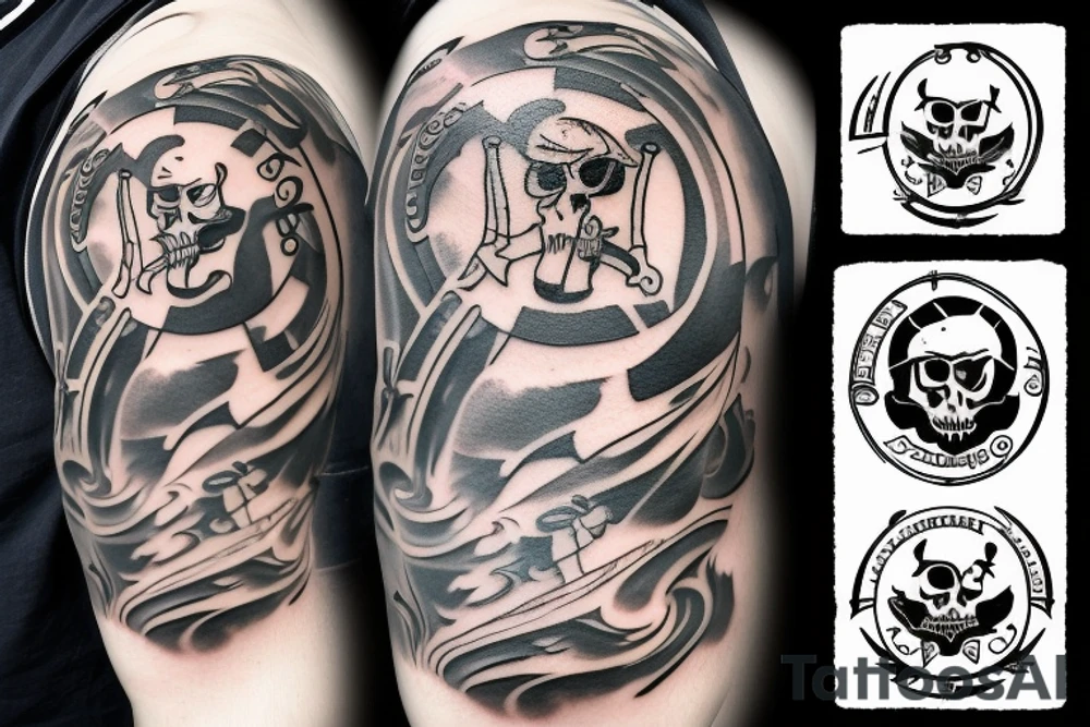 espresso portafilter spilling forming a sea of thieves logo tattoo idea