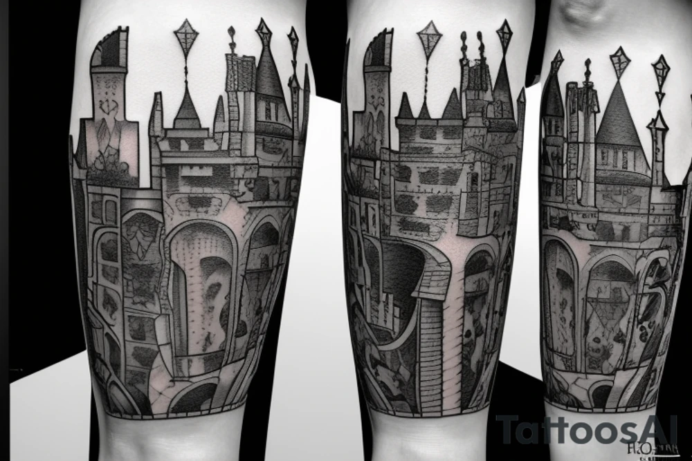 a castle with a dense shading but a leg tattoo idea a castle with a dense shading but a leg tattoo idea
