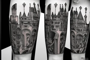 a castle with a dense shading but a leg tattoo idea