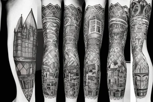 a castle with a dense shading but a leg tattoo idea