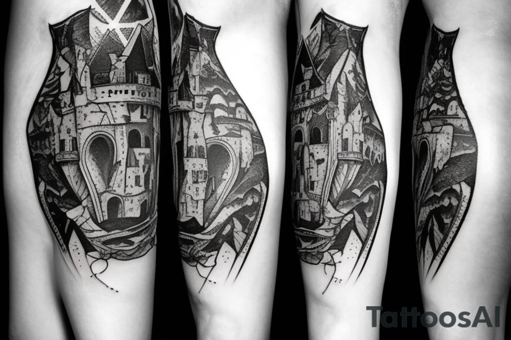 a castle with a dense shading but a leg tattoo idea a castle with a dense shading but a leg tattoo idea