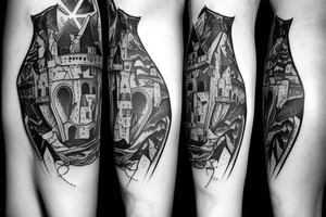 a castle with a dense shading but a leg tattoo idea