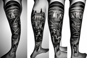 a castle with a dense shading but a leg tattoo idea