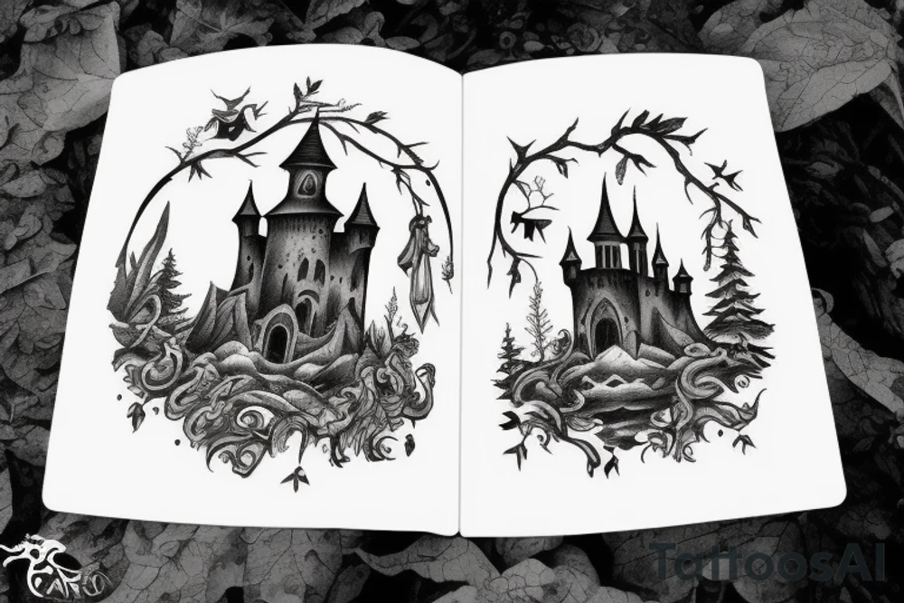 black castle in the forest tattoo idea