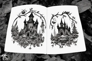 black castle in the forest tattoo idea