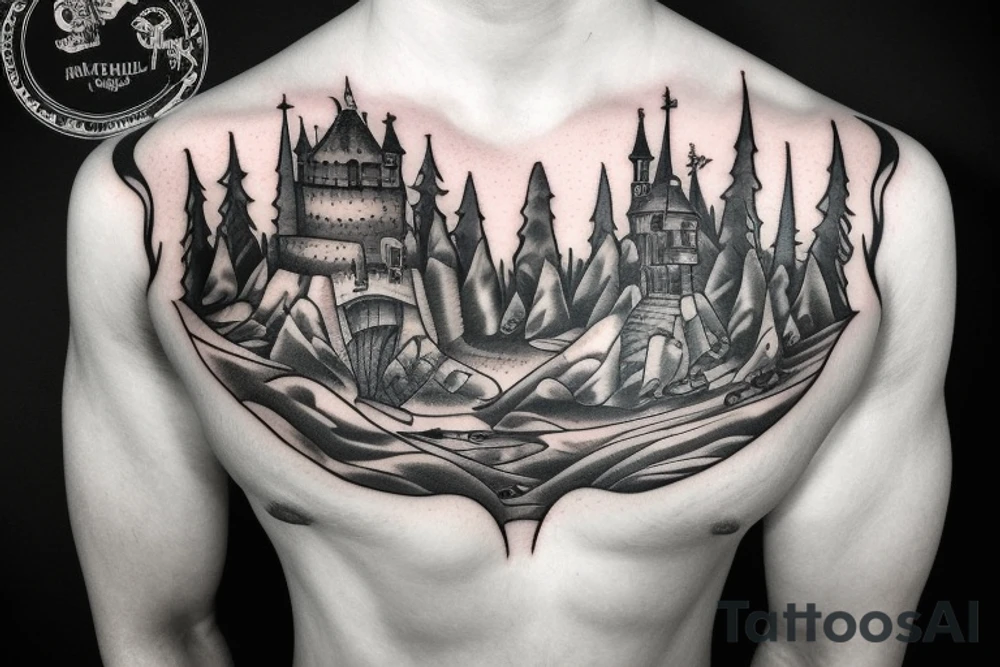 black castle in the forest tattoo idea